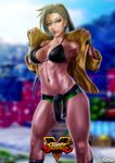  absurdres alternate_costume alternate_hairstyle asymmetrical_hair bikini_top black_hair breasts buruma cleavage cornrows dark_skin dougi ggg_(gonzalogallianoniz) highres large_breasts laura_matsuda logo looking_at_viewer open_clothes ponytail solo street_fighter street_fighter_v toned 