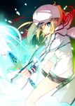  artoria_pendragon_(all) baseball_cap blonde_hair boots cross-laced_footwear dual_wielding fate/grand_order fate_(series) green_eyes hat himitsucalibur holding hood hoodie jianmo_sl lace-up_boots looking_at_viewer rojiura_satsuki:_chapter_heroine_sanctuary short_hair shorts solo sword ultra_heroine_z weapon 
