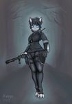  artist_name badge bangs barefoot baton black_hair blue_eyes claws curvy forest furry highres holding holding_weapon inaret jacket leggings nature original police police_badge science_fiction shield short_hair solo thick_thighs thighs walkie-talkie weapon wide_hips 