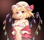  blonde_hair blush bra crystal fang flandre_scarlet gradient gradient_background hat hat_ribbon looking_at_viewer mob_cap navel off_shoulder open_clothes open_mouth open_shirt pokachu red_eyes ribbon shirt short_hair side_ponytail smile solo strap_slip striped striped_bra touhou underwear upper_body wings 