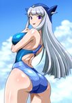  anime_coloring ass bare_shoulders blue_sky breasts cloud cloudy_sky competition_swimsuit day getter_robo hat large_breasts long_hair looking_back monteriakitto one-piece_swimsuit open_mouth protogetter_(robot_girls_z) purple_eyes robot_girls_z shiny shiny_skin silver_hair sky solo standing swimsuit 