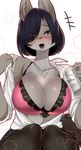  alcohol anthro beer beverage big_breasts black_hair blush bra breasts buried_frog can canine cleavage clothed clothing dog fangs female food grey_eyes hair hi_res jewelry legwear looking_at_viewer mammal necklace open_mouth open_shirt pentagon pink_bra short_hair simple_background skirt solo stockings sweat tongue underwear white_background 