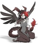  2016 anthro areola black_feathers black_fur black_hair black_nose black_sclera breasts claws feathered_wings feathers female fur grey_fur hair horn looking_at_viewer manticore multicolored_hair nipples nude orange_eyes red_hair simple_background sitting slightly_chubby slit_pupils smile solo teeth toe_claws tsampikos two_tone_hair white_background white_fur wide_hips wings 