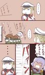  2girls :3 arms_up arrest beret blue_eyes bound brown_hair comic commentary_request epaulettes graf_zeppelin_(kantai_collection) hat ishii_hisao kantai_collection kashima_(kantai_collection) lifting_person military military_police military_uniform multiple_girls nyoro~n peaked_cap revision shoboon spoken_ellipsis sweat tied_up translated twintails uniform white_hair 