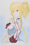  absurdres aoki_hagane_no_arpeggio blonde_hair cecilia_alcott cecilia_alcott_(cosplay) colored_pencil_(medium) cosplay hand_on_hip highres infinite_stratos kongou_(aoki_hagane_no_arpeggio) paper_texture potekite red_eyes seiyuu_connection solo traditional_media white_background yukana 