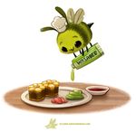  :d antennae black_eyes bowl chef_hat commentary creature cryptid_creations flying food full_body hat holding honeycomb_(pattern) no_humans open_mouth original plate sauce simple_background smile sushi text_focus toon tube wasabi watermark web_address white_background 