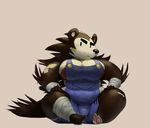  anthro bandage beady_eyes big_breasts breakerpangolin breasts brown_fur cleavage clothed clothing eyebrows female freckles frown fur henry_(breakerpangolin) mammal overalls pawpads porcupine rodent simple_background sitting solo 