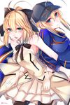  ahoge artoria_pendragon_(all) back-to-back baseball_cap blonde_hair blue_eyes dress fate/grand_order fate/stay_night fate/unlimited_codes fate_(series) gloves green_eyes hat jacket locked_arms multiple_girls mysterious_heroine_x pantyhose ponytail rojiura_satsuki:_chapter_heroine_sanctuary saber_lily scarf shisei_(kyuushoku_banchou) sleeveless track_jacket 