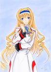  2016 blonde_hair blue_background blue_eyes blush breasts cecilia_alcott colored_pencil_(medium) dated drill_hair highres infinite_stratos long_hair medium_breasts potekite smile solo traditional_media uniform 