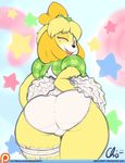  2016 animal_crossing anthro butt canine clothing dog female garter hair isabelle_(animal_crossing) looking_at_viewer looking_back mammal nekocrispy nintendo one_eye_closed open_mouth panties patreon shih_tzu solo underwear video_games wink 