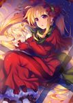  blonde_hair bonnet capelet commentary_request cosplay dress fate_testarossa flower highres lolita_fashion long_hair lying lyrical_nanoha mahou_shoujo_lyrical_nanoha on_side open_mouth raiou red_capelet red_dress red_eyes red_flower red_rose rose rozen_maiden shinku shinku_(cosplay) solo twintails very_long_hair 