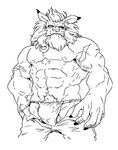  abs anthro biceps big_muscles blush bulge clothed clothing digimon feline fundoshi japanese_clothing leomon lion male mammal monochrome muscular muscular_male pants_down partially_clothed pecs simple_background tetsuo_oshiba underwear white_background 
