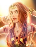  alternate_costume artist_name bracelet circlet fingernails freckles green_eyes highres jewelry league_of_legends leona_(league_of_legends) long_hair looking_at_viewer md5_mismatch nail_polish necklace orange_hair owarinaisora parted_lips red_nails resized signature solo tiara upscaled watermark younger 