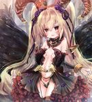  arm_warmers bare_shoulders black_wings blonde_hair blush bracelet dress flower frilled_dress frills hair_flower hair_ornament horns jewelry long_hair looking_at_viewer midriff navel open_mouth paphiria_(sennen_sensou_aigis) sennen_sensou_aigis solo thighhighs underwear wings yodori-san 