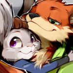  1:1 2016 anthro canine clothed clothing disney duo female fox fur green_eyes grey_fur half-closed_eyes hand_on_head hug jia judy_hopps lagomorph looking_at_viewer male male/female mammal nick_wilde orange_fur purple_eyes rabbit smile zootopia 