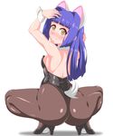  animal_humanoid blush breasts butt cat_humanoid clothed clothing feline female hair humanoid long_hair looking_back mammal mimitan_tokage pose purple_hair skimpy small_breasts smile solo tight_clothing yellow_eyes 