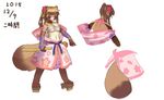  armor breasts chest_wraps clothing collar eyes_closed female flower footwear gauntlets geta gloves gourd japanese_clothing japanese_text mammal melee_weapon ni_jikan plant sandals signature simple_background solo tanuki text weapon white_background wraps 