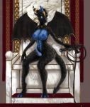  anthro black_skin blue_eyes breasts chair dickgirl digital_media_(artwork) domina dominatrix dragon fan_character horn intersex invalid_color jewelry looking_at_viewer mdwines nude penis scale simple_background solo throne whip wings 