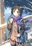  bag black_hair blazer cardigan jacket kinoshita_neko long_hair pleated_skirt scarf school_bag school_uniform skirt snow snowing solo thighhighs yahari_ore_no_seishun_lovecome_wa_machigatteiru. yukinoshita_yukino zettai_ryouiki 