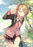  ;q bag blazer brown_hair cardigan isshiki_iroha jacket kinoshita_neko one_eye_closed school_bag school_uniform short_hair smile solo tongue tongue_out tree w yahari_ore_no_seishun_lovecome_wa_machigatteiru. 