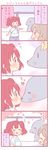  4koma ^_^ animal blue_eyes blush brown_hair closed_eyes collared_shirt comic heart kiss koi_ni_naritai_aquarium kunikida_hanamaru kurosawa_ruby love_live! love_live!_sunshine!! multiple_girls red_hair saku_usako_(rabbit) seal shirt short_sleeves shorts striped striped_shirt translated two_side_up zura_(phrase) |_| 