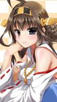  ahoge black_eyes blush braid brown_hair detached_sleeves hairband highres japanese_clothes kantai_collection kongou_(kantai_collection) kongouseki lipstick long_hair looking_at_viewer makeup nontraditional_miko solo wide_sleeves 