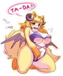  big_breasts blush breasts canine chest_tuft clothed clothing female fox horn huge_breasts japanese_text kneeling mammal navel ni_jikan signature simple_background skimpy slightly_chubby solo speech_bubble succubus text thick_thighs tuft white_background wide_hips wings 