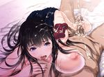  1girl areolae bare_arms bare_legs bare_shoulders bed black_hair blue_eyes blue_skirt blush breast_press breast_rest breasts censored cum cum_on_breasts cum_on_hair cum_on_upper_body ejaculation feet handjob highres huge_breasts indoors kurofudo licking long_hair looking_at_viewer lying lying_on_person mosaic_censoring nipples no_bra on_back on_bed on_stomach open_mouth original penis pov saliva shiny shiny_skin skirt solo_focus toes tongue tongue_out topless 