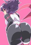  ass bodysuit breasts large_breasts leaning_forward long_hair looking_at_viewer looking_back pilot_suit pink_background pink_eyes pixiv_robot_wars pure_(kawamoto_nami) purple_hair scarf shiny shiny_clothes short_hair simple_background solo thigh_gap thighs 