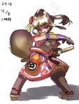  armor breasts chest_wraps clothing drunk eyes_closed female flower footwear gauntlets geta gloves gourd japanese_clothing japanese_text mammal melee_weapon ni_jikan plant sandals scabbard signature simple_background solo sword tanuki text weapon white_background wraps 