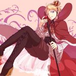  blonde_hair boots cape crown ensemble_stars! full_body girly_boy male_focus narukami_arashi one_eye_closed pani_(aperitif) purple_eyes scepter smile solo thigh_boots thighhighs 