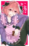  apron astolfo_(fate) braid casual chocolate chocolate_on_face collarbone crossdressing fate/apocrypha fate_(series) food food_on_face hair_ribbon hood hoodie jewelry licking_lips male_focus multicolored_hair necklace otoko_no_ko pantyhose pink_hair ribbon shisei_(kyuushoku_banchou) silver_hair skirt solo tongue tongue_out 