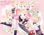  alternate_costume androgynous blonde_hair blown_kiss blush boots character_name chibi closed_eyes collage ensemble_stars! fingerless_gloves girly_boy gloves happy_birthday headset heart knee_boots kurusun leg_up male_focus miniboy multiple_views narukami_arashi pants pink_background plaid plaid_pants purple_eyes smile 