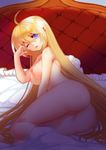  absurdres ahoge arm_support ass bed blonde_hair blue_eyes breasts cushion douyougen hand_on_own_face highres large_breasts long_hair looking_at_viewer nipples nude one_eye_closed parted_lips pussy sheath solo very_long_hair 