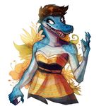  2016 anthro blue_claws blue_scales breasts brown_eyes brown_hair claws clothed clothing crocodile female fivel flower hair open_mouth plant reptile scales scalie scampi sharp_teeth simple_background small_breasts smile solo spikes teeth tongue white_background white_scales 