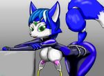 2016 bent_over blue_fur blue_hair bodysuit breast_milking breasts canine chameloshi clothing female fox fur green_eyes hair hi_res jewelry krystal lactating looking_at_viewer machine mammal milking_machine nintendo nipples skinsuit smile solo star_fox tight_clothing video_games white_fur 