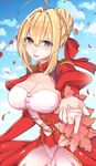  ahoge blonde_hair braid breasts cleavage epaulettes fate/extra fate_(series) foreshortening green_eyes large_breasts nero_claudius_(fate) nero_claudius_(fate)_(all) petals shisei_(kyuushoku_banchou) solo 