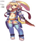  armor barefoot breasts clothed clothing ear_piercing female gauntlets gloves hat japanese_text knife lagomorph legwear mammal midriff ni_jikan piercing rabbit reverse_grip scarf signature simple_background skimpy solo text white_background wide_hips 