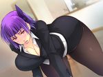  1girl all_fours ayane_(doa) black_skirt blush breasts cleavage collared_shirt dead_or_alive hanging_breasts headband highres huge_breasts indoors legs long_sleeves open_mouth pantyhose pink_eyes purple_hair short_hair skirt solo suit thighs yoko_juusuke 