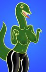  anthro areola breasts clothed clothing dinosaur female half-closed_eyes hi_res looking_at_viewer nipples open_mouth pants raptor reptile scalie simple_background smile solo speedrunners standing teeth theropod tongue tongue_out topless veloci-t-rex_(speedrunners) video_games 