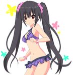  bare_shoulders bikini black_hair blush breasts cleavage crawford_(semochan) hair_ornament long_hair looking_at_viewer neptune_(series) noire red_eyes ribbon solo swimsuit twintails very_long_hair 