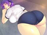  1girl ass ayane_(doa) backboob bare_legs bloomers blush breasts buruma curvy dead_or_alive embarrassed from_behind gym_uniform headband highres huge_ass huge_breasts legs looking_back pink_eyes purple_hair shiny shiny_skin short_hair short_sleeves solo standing thick_thighs thighs wide_hips yoko_juusuke 