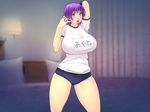  1girl adjusting_hair arms_up ayane_(doa) bare_legs bed bloomers blush breasts buruma dead_or_alive gym_uniform headband highres huge_breasts legs looking_at_viewer open_mouth pink_eyes purple_hair shiny shiny_skin short_hair solo standing thighs yoko_juusuke 