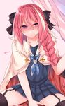  alternate_costume astolfo_(fate) blush cape fate/apocrypha fate_(series) fur_trim garter_straps long_hair male_focus multicolored_hair otoko_no_ko pink_hair purple_eyes school_uniform serafuku shisei_(kyuushoku_banchou) silver_hair sitting solo thighhighs zettai_ryouiki 