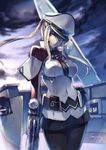  anchor bangs black_gloves black_legwear black_skirt blonde_hair blue_eyes breasts capelet gloves graf_zeppelin_(kantai_collection) hair_between_eyes hair_over_breasts hand_on_hip hat impossible_clothes iron_cross kantai_collection kyouya_(mukuro238) large_breasts long_hair looking_at_viewer looking_down miniskirt navel necktie pantyhose peaked_cap sidelocks signature skirt solo twintails uniform 