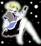  arm_warmers aura barefoot blonde_hair danmaku green_eyes isaki_(gomi) looking_at_viewer mizuhashi_parsee open_mouth pointy_ears ponytail sash scarf shirt short_sleeves skirt solo spell_card touhou 