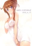 bad_id bad_pixiv_id blue_eyes breasts brown_hair commentary_request hair_bun idolmaster idolmaster_million_live! ima_(lm_ew) impossible_towel long_hair looking_at_viewer medium_breasts naked_towel revision solo tokoro_megumi towel 