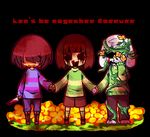  2others androgynous asriel_dreemurr bad_end blood bloody_tears brown_hair chara_(undertale) child corruption crying evil_smile flower frisk_(undertale) hand_on_own_face holding_hands knife macotea monster_boy multiple_others no_eyes open_mouth plant shirt shorts slime smile spoilers striped striped_shirt striped_sweater sweater tears thorns undertale vines yellow_flower 
