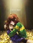 androgynous brown_hair chara_(undertale) crying death flower flower_bed frisk_(undertale) highres kazuya_(lostnight) multiple_others short_hair spoilers striped striped_sweater sweater tears undertale what_if 
