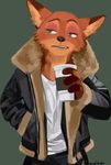  anthro belt canine clothed clothing cup disney fox fur green_background green_eyes half-closed_eyes half-length_portrait hand_in_pocket irvin_flying_jacket jacket looking_away mabinhugo male mammal nick_wilde orange_fur portrait simple_background solo standing zootopia 